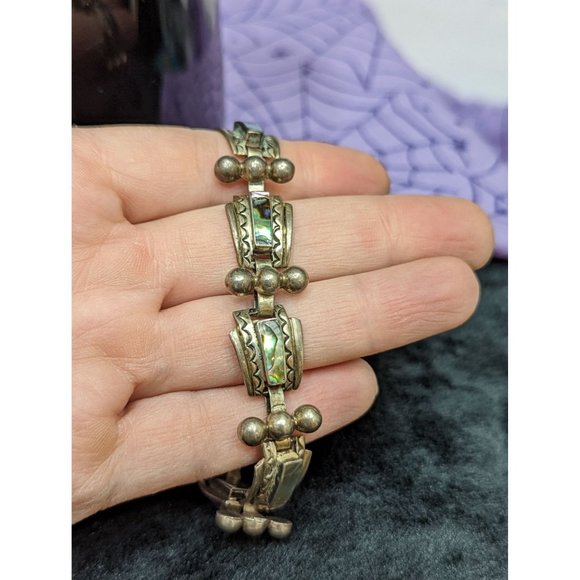 Vintage Taxco, Link Style Bracelet with Abalone and Silver, Unique design - Picture 6 of 8